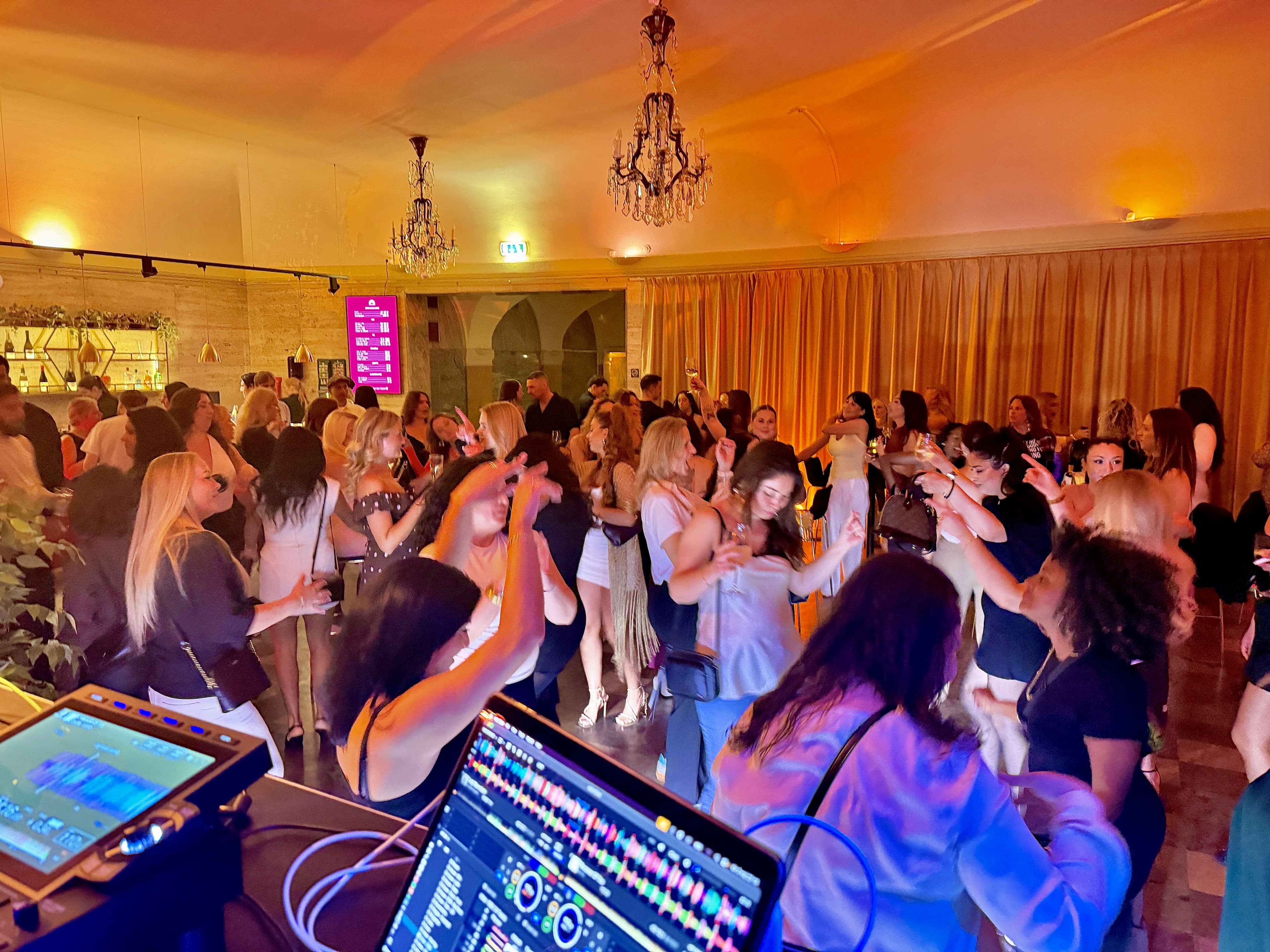 Party in The Marble Foyer – DJ and a full dance floor beneath the chandeliers